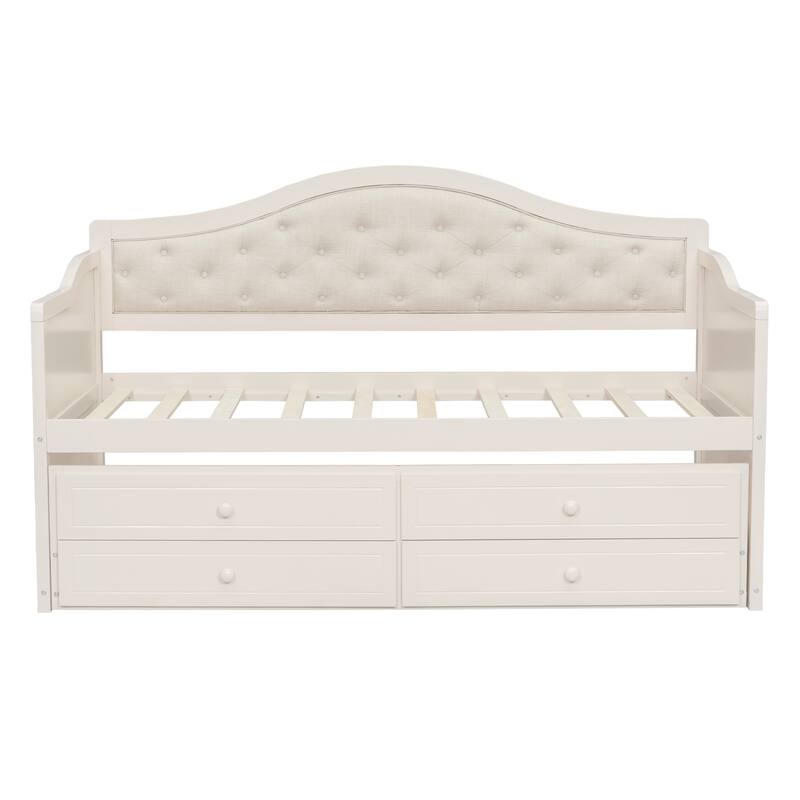 Twin Daybed with Trundle, Twin Size Daybed with 2 Storage Drawers, Wooden Sofa Bed with Upholstered Button Tufted Backrest