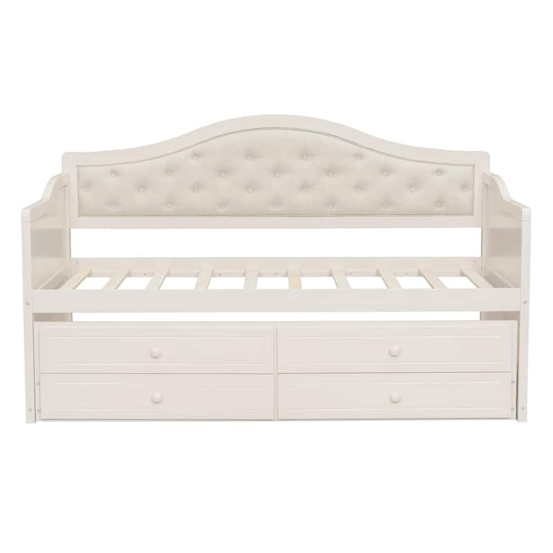 Twin Daybed with Trundle, Wooden Sofa Bed with Upholstered Button-tufted Backrest and 2 Storage Drawers for Living Room Bedroom