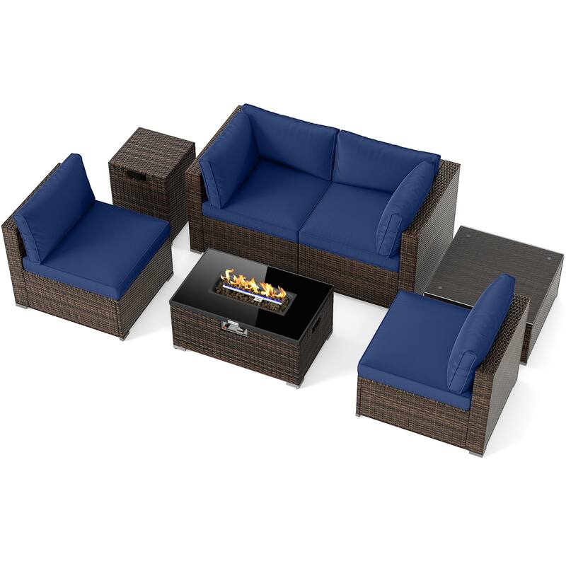 Gymax 7 PCS Patio Furniture Set 40000 BTU Gas Fire Pit Table Propane - Navy