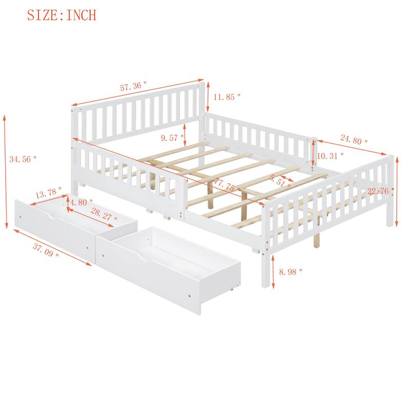 White Full Size Wood Platform Bed with Guardrails and 2 Storage Drawers