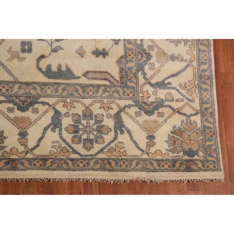 All-Over Ivory Oushak Area Rug Hand-Knotted Wool Carpet - 9'0"x 11'10"