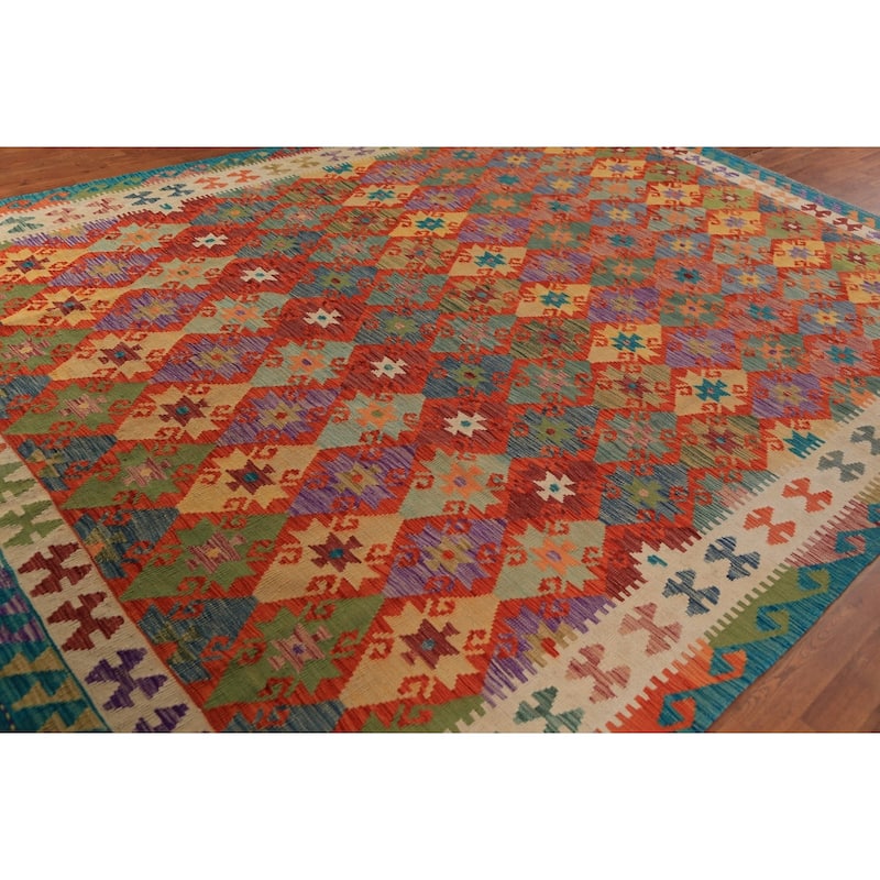 All-Over Geometric Kilim Area Rug Hand-Woven Oriental Wool Carpet - 8'4"x 11'7"