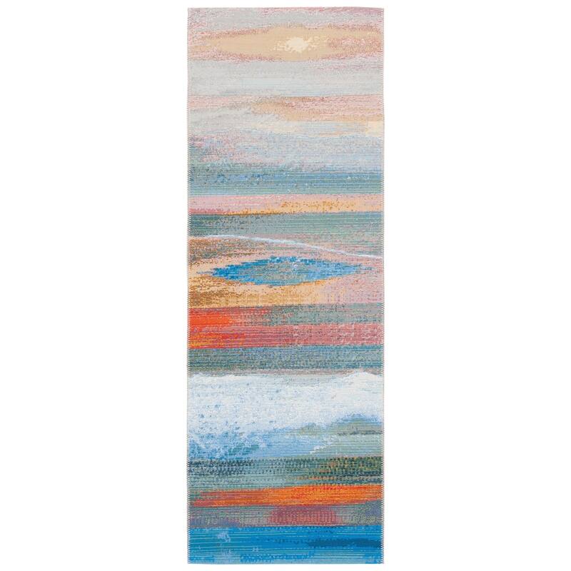 SAFAVIEH Barbados Aviva Tropical Indoor/ Outdoor WaterproofPatio Backyard Rug - 2'8" x 10'5" Runner - Light Blue/Pink