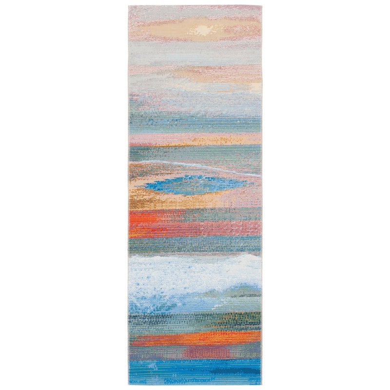 SAFAVIEH Barbados Jaike Tropical Indoor/ Outdoor WaterproofPatio Backyard Rug - Light Blue/Pink - 2'8" x 10'5" Runner