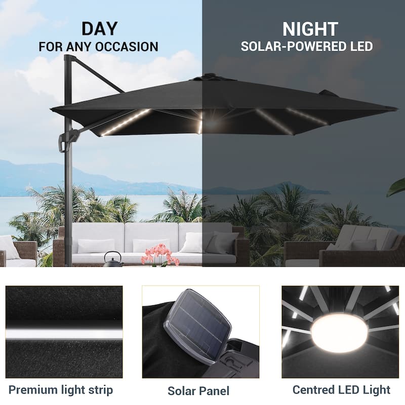 LIVOOSUN Patio10x10FT LED Aluminum Cantilever Umbrella Solution-Dyed Fabric w/Base