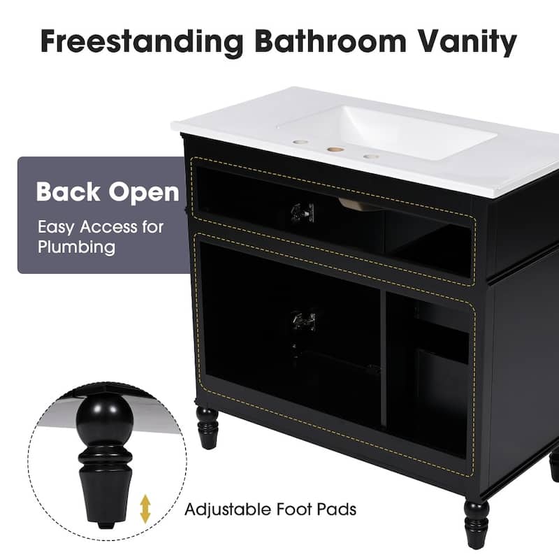 36" Bathroom Vanity with Sink,Drawers, Solid Frame and MDF Board
