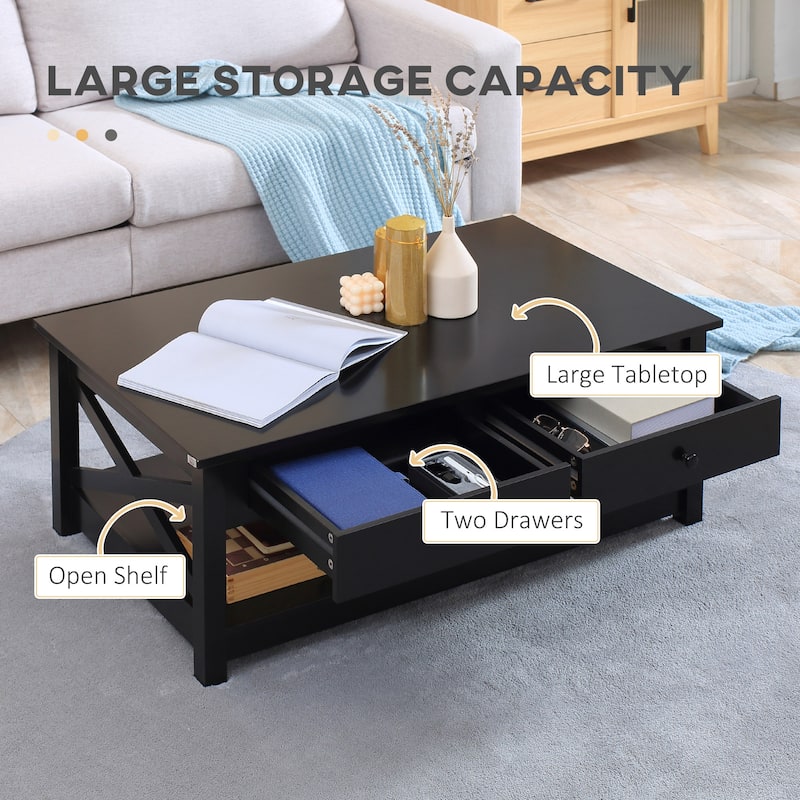 Coffee Table with Storage Drawers and Open Shelf - Black