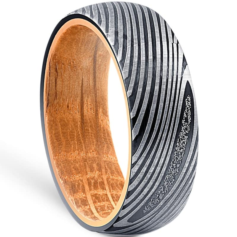 Men's Tungsten & Whiskey Barrell 8mm Ring Damascus Pattern Wedding Band
