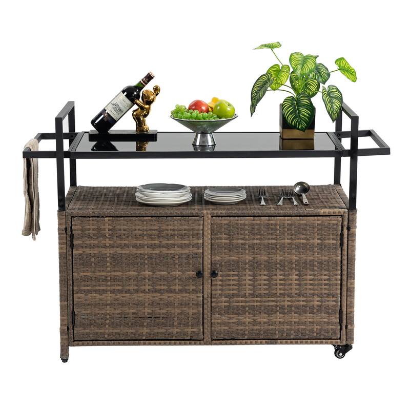 Outdoor Bar Cart Patio Wine Serving Cart Rolling Rattan Beverage Bar Counter Table - 51.18'' W x 19.69'' D x 35.43'' H