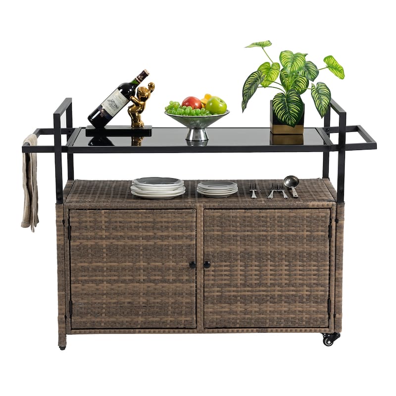 Outdoor Patio Wicker Bar Cart with Storage Cabinet and Glass Top, Rolling Rattan Beverage Bar Table w/360掳 Wheels & Open Shelve - Light Brown