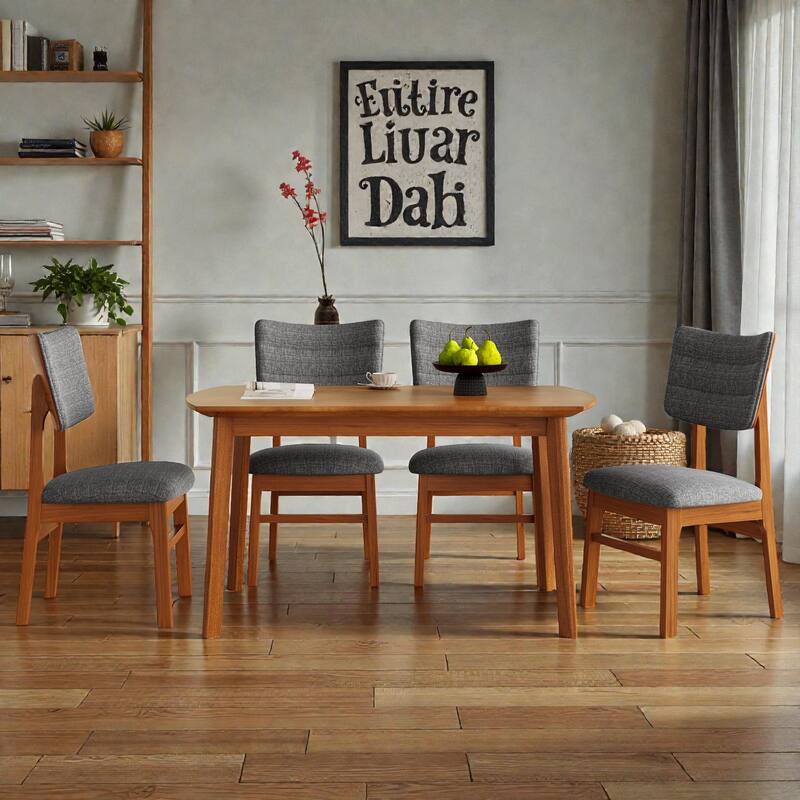 5-Piece Farmhouse Dining Table Set for 4, Oval Wood Kitchen Table with 4 Upholstered Chairs, Rubberwood Frame Dinette Set