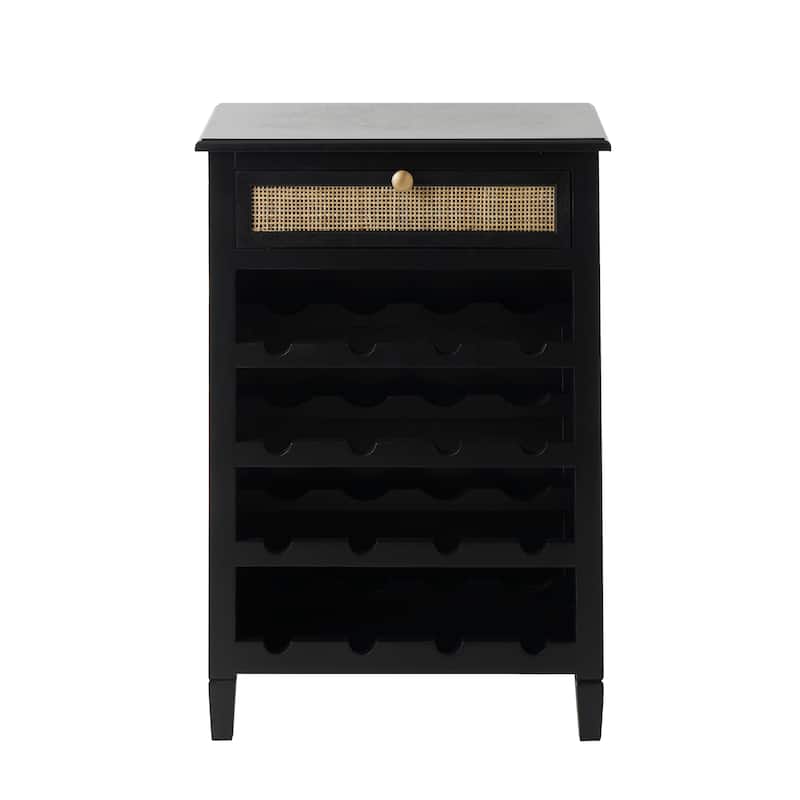 Black Wooden Handmade 12 Bottle 1 Drawer Standing Wine Rack with Rattan Front