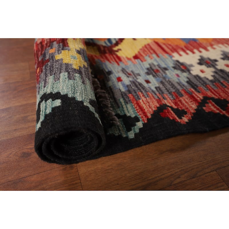 Multi-Color Geometric Kilim Area Rug Flatweave Wool Carpet - 8'5" x 9'6"