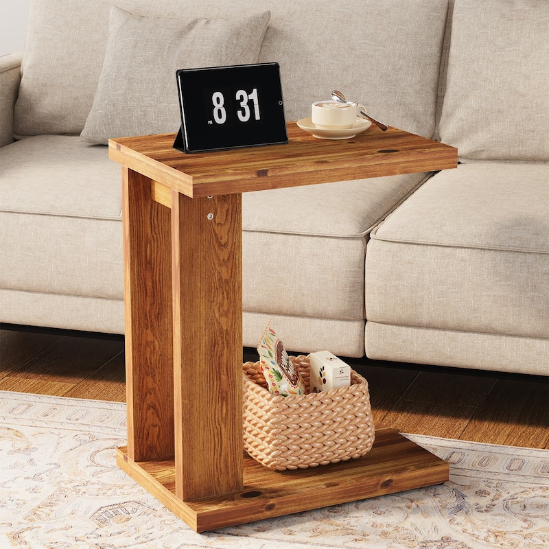 Solid Wood Narrow C-shaped End/Side Table for Couch - 13.8" D x 19.7" W x 23.6" H - Brown-1PC