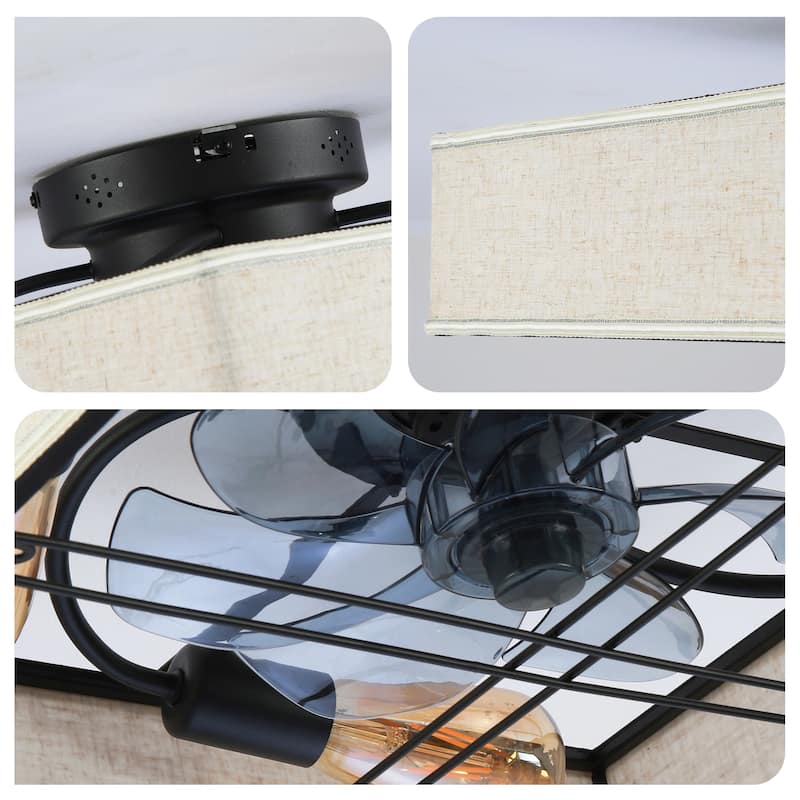 16.6" Square Fabric Farmhouse Flush Mount Ceiling Fan