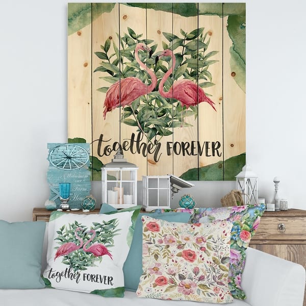 slide 1 of 5, Designart 'Flamingo Floral Heart With Eucalyptus Leaves' Traditional Print on Natural Pine Wood