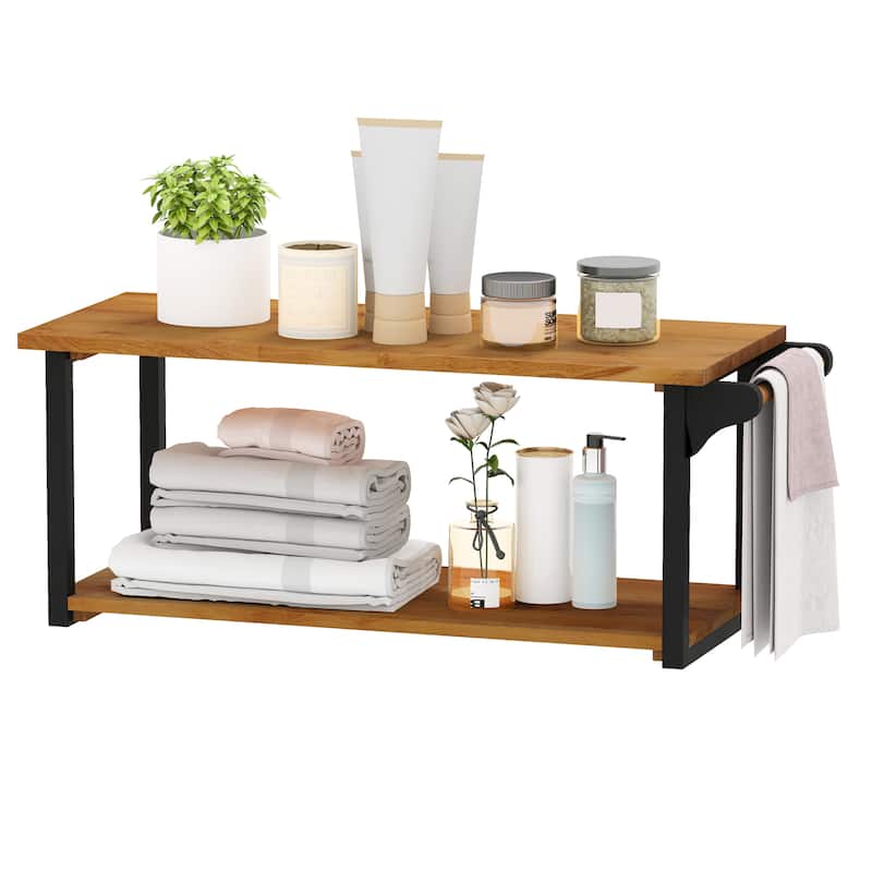 Teak Wood Wall-Mounted Shelf with Towel Bar 2-Tier Floating Rack for Bathroom or Kitchen - 40.5" x 15.5" x 16"