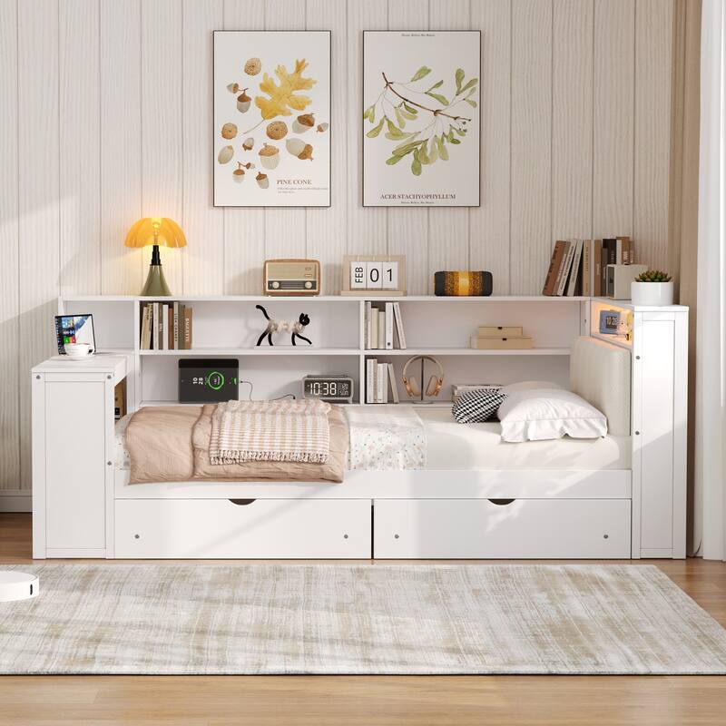 Full Size Platform Bed with Storage, Charging Station, LED, Desk, and Upholstered Headboard
