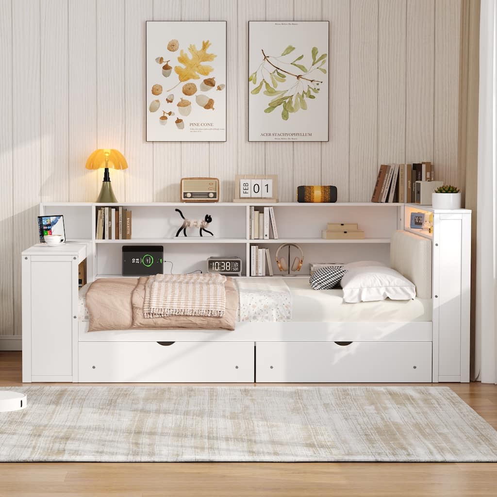 Full Size Platform Bed with Storage Shelves & Drawers