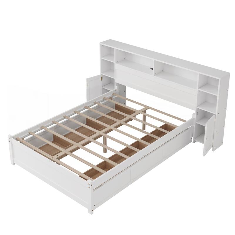 White Wooden Storage Bed with Tall Extended Bookcase Headboard