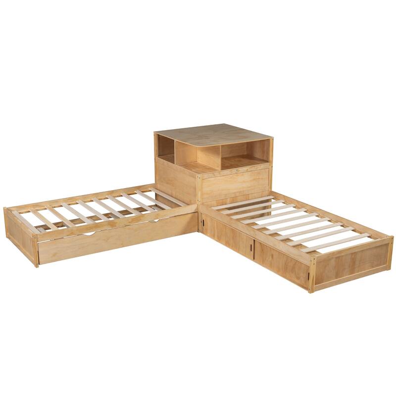 Twin Size L-shaped Bed Frame with Trundle Bed and Storage Cabinets, Desk, Lighting, Corner Platform Storage Bed Frame