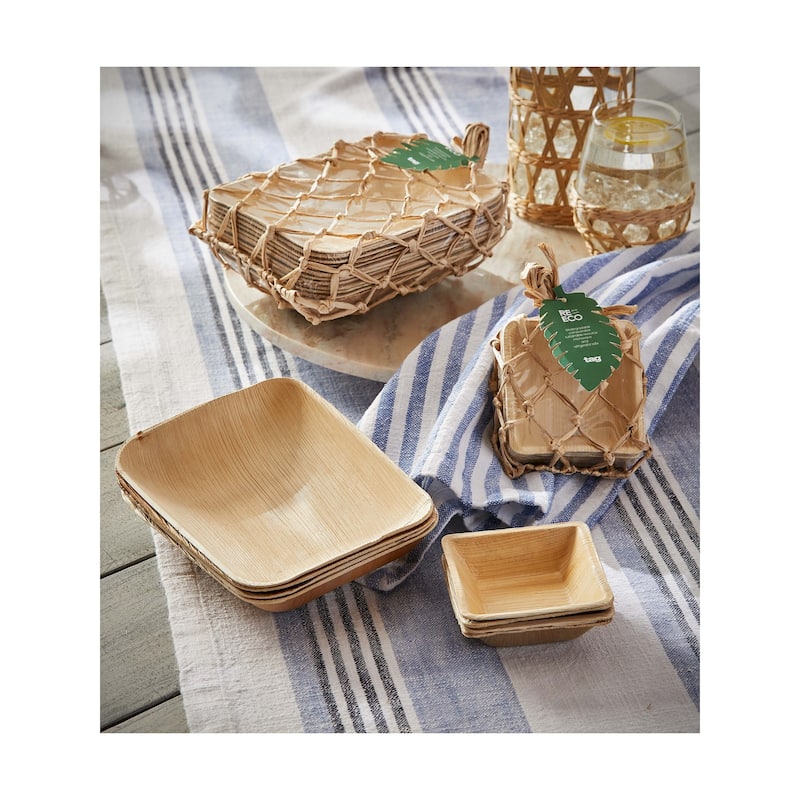 Eco Palm Leaf Rectangular Bowl Set of 12 - Natural Dining & Salad Bowls, 12oz Capacity, Dishwasher Safe, 8" x 6" x 1.35"