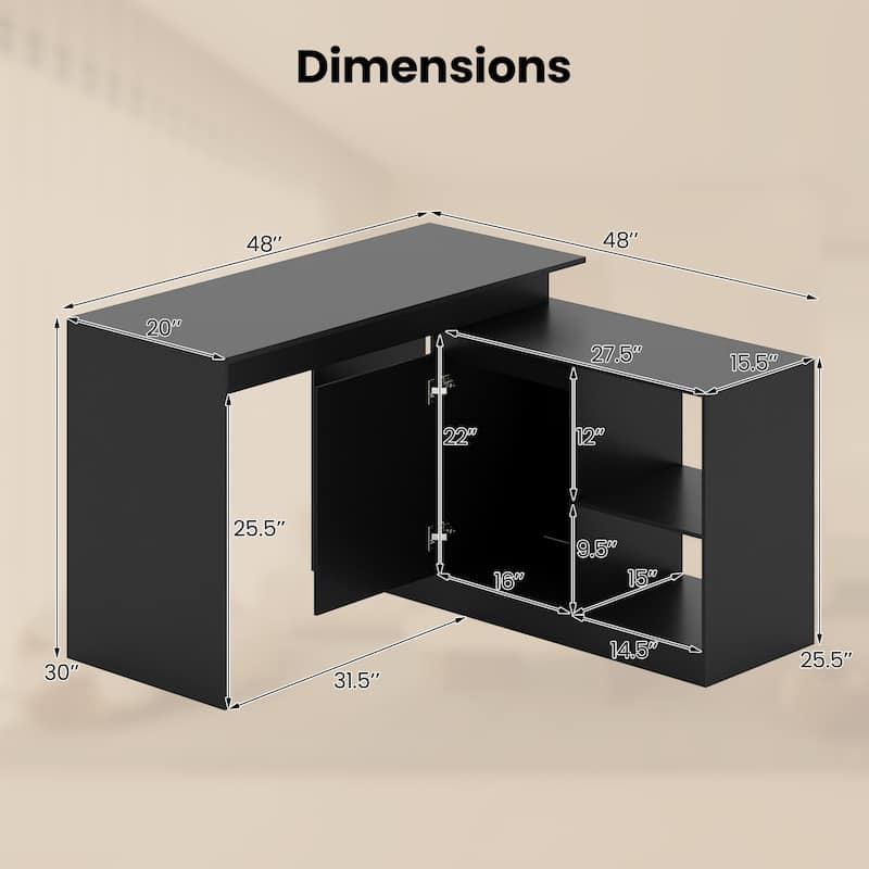 Gymax 48'' Reversible L-shaped Computer Desk w/2 Doors 4 Open Storage