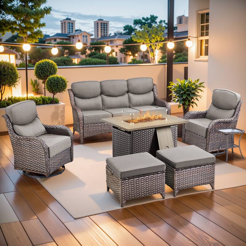 Pocassy Outdoor 6 Inch Sofa Chair Ottoman with Fire Pit Table Set - Brown Wicker Gray Cushion - 7 Pieces Sofa Chair Ottoman Table w/ Fire Table