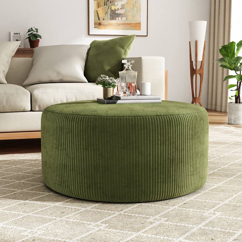Corduroy Upholstered Round Ottoman - Olive Green Stylish Accent Table