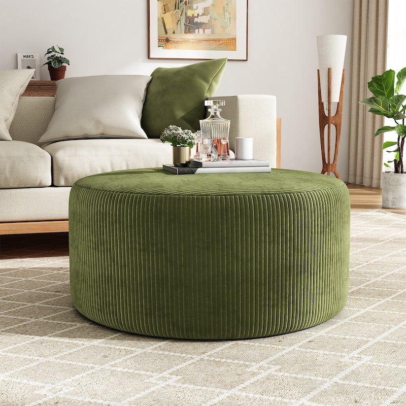 Round Fabric Ottoman - Soft Upholstered Footrest Stool for Living Room or Bedroom