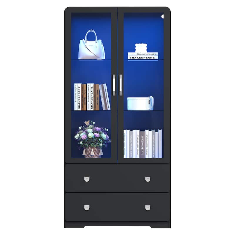 64'' Tall Display Cabinet with Acrylic Doors and LED Lights - N/A - Black