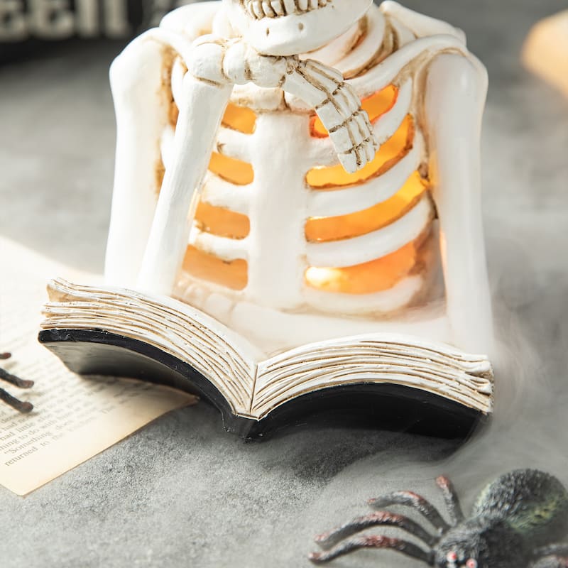 Glitzhome 10.25"H Halloween Lighted Resin Skull Reading Book Figurine Table Decor - Lighted Skull