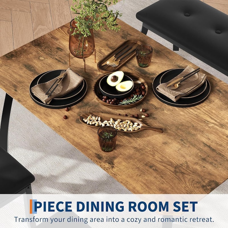 Kitchen Dining Table Set with 2 Classic Dinner Chairs and Upholstered Bench