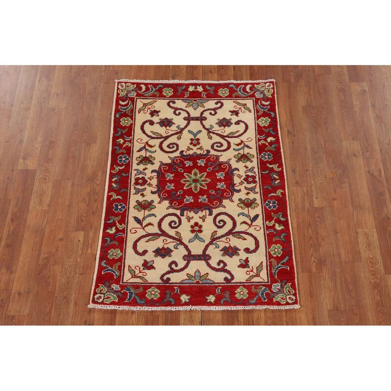 Kazak Accent Rug Hand-Knotted Floral Wool Carpet - 2'8" x 3'9"