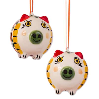 Novica Handmade Jolly Pigs Ceramic Ornaments (Pair)