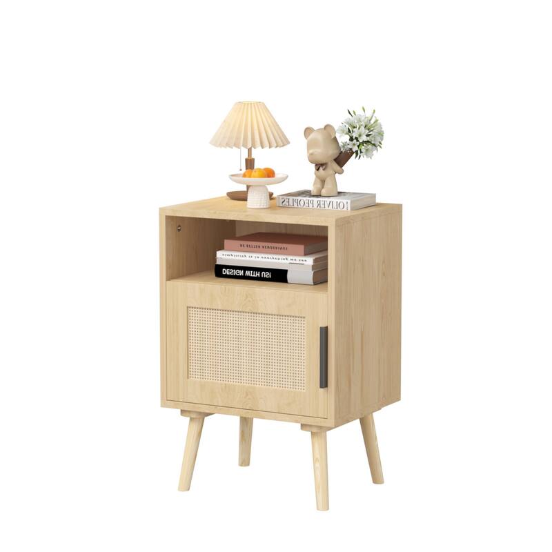 Rattan Nightstand, Side Table With Door Open Shelf, Accent Bedside End Table With Solid Wood Legs