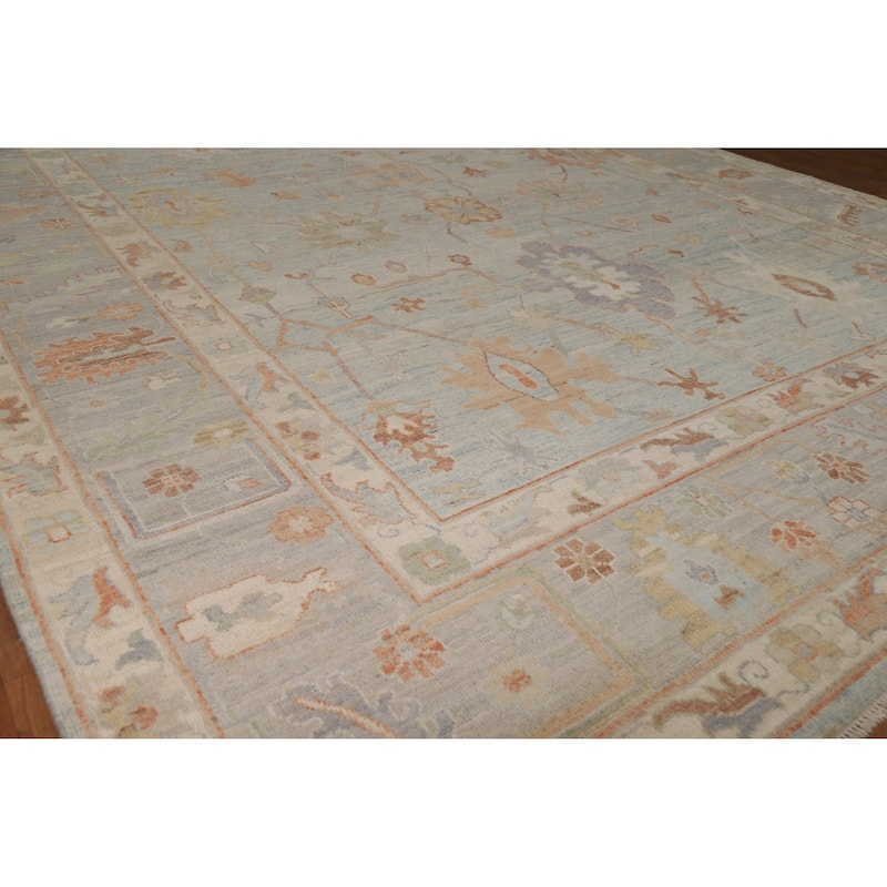 Blue Vegetable Dye Oushak Turkish Rug Hand-Knotted Floral Wool Carpet - 9'2"x 12'3" - 9'2"x 12'3" - Blue