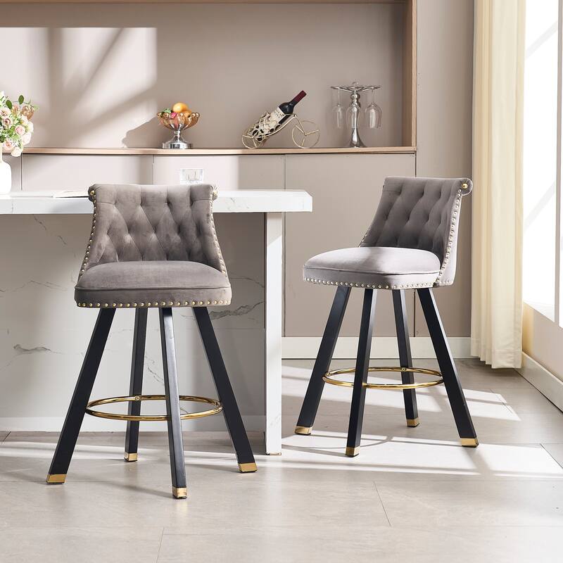 Versatile Velvet Tufted Bar Chairs Set of 2 Swivel Bar Stools with Back Pull Ring, Rivet Decoration and Wooden Square Foot