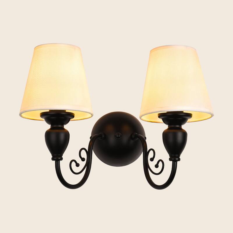 2 - Light Simple Round Wall Sconce with White Shades - Matte Black