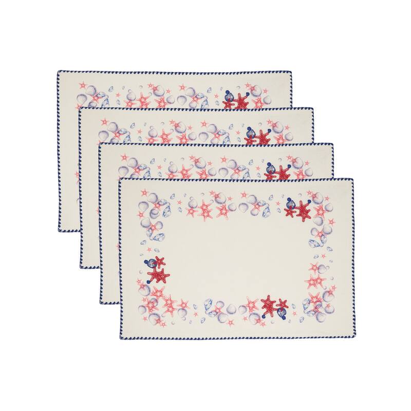 Coastal Starfish & Shell Cotton Placemats (Set of 4) - Nautical Sea Life Border for Dining, Beach-Inspired, 13"x19"