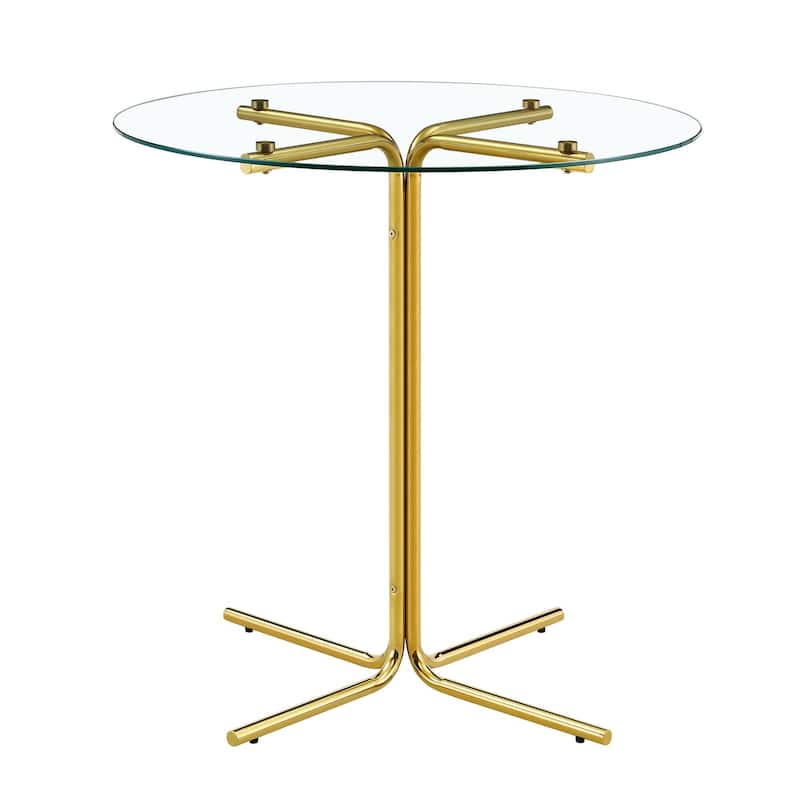 36" Round Glass Bar Table - Tempered Glass Top, Gold Chrome Column Base, Space-Saving Design