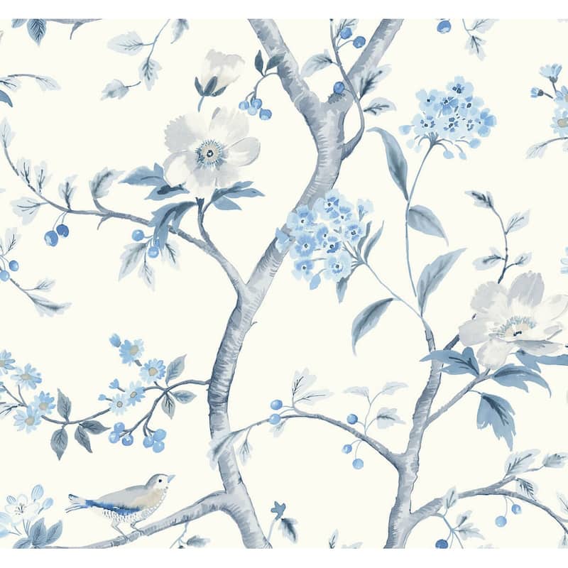 Seabrook Designs Lillian August Southport Floral Trail Unpasted Wallpaper - 27 in. W x 27 ft. L - Eggshell and Blue Shale