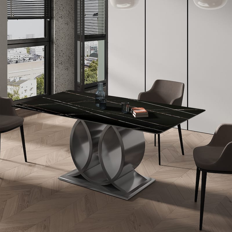 Modern Rectangle Stone Slab Tabletop Stainless Steel Pedestal Dining Table