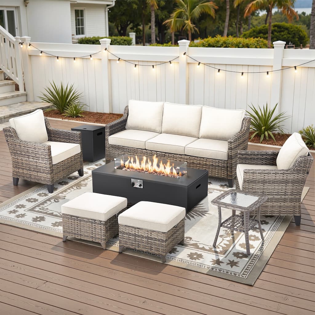 Glissia 7-Piece Gray Wicker Fire Pit Conversation Set with Modern Steel Fire Pit