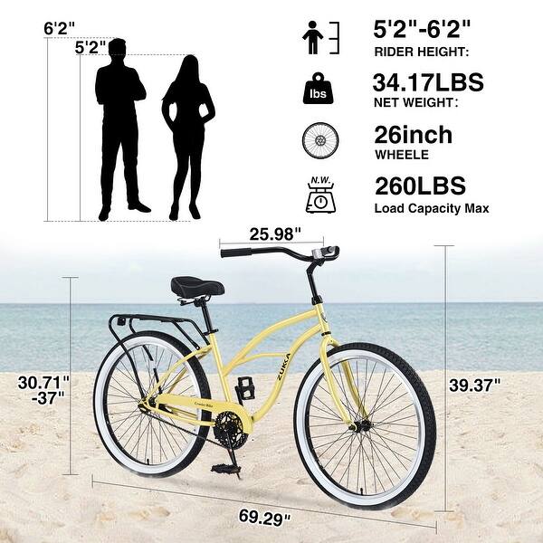 dimension image slide 1 of 2, Single Speed Bicycles 26"Inch,Steel Frame, Wide Wheels for Stability, Rear Coaster Brakes,Multiple Colors Women's Beach