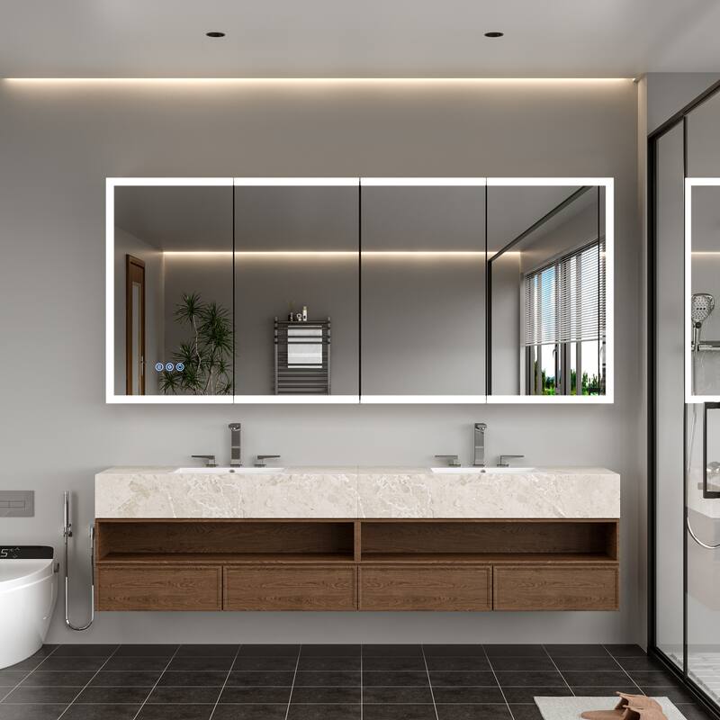 GDFStudio Elowen Aluminum Glass LED Medicine Cabinet with Anti-Fog Storage - 72*32 - Silver