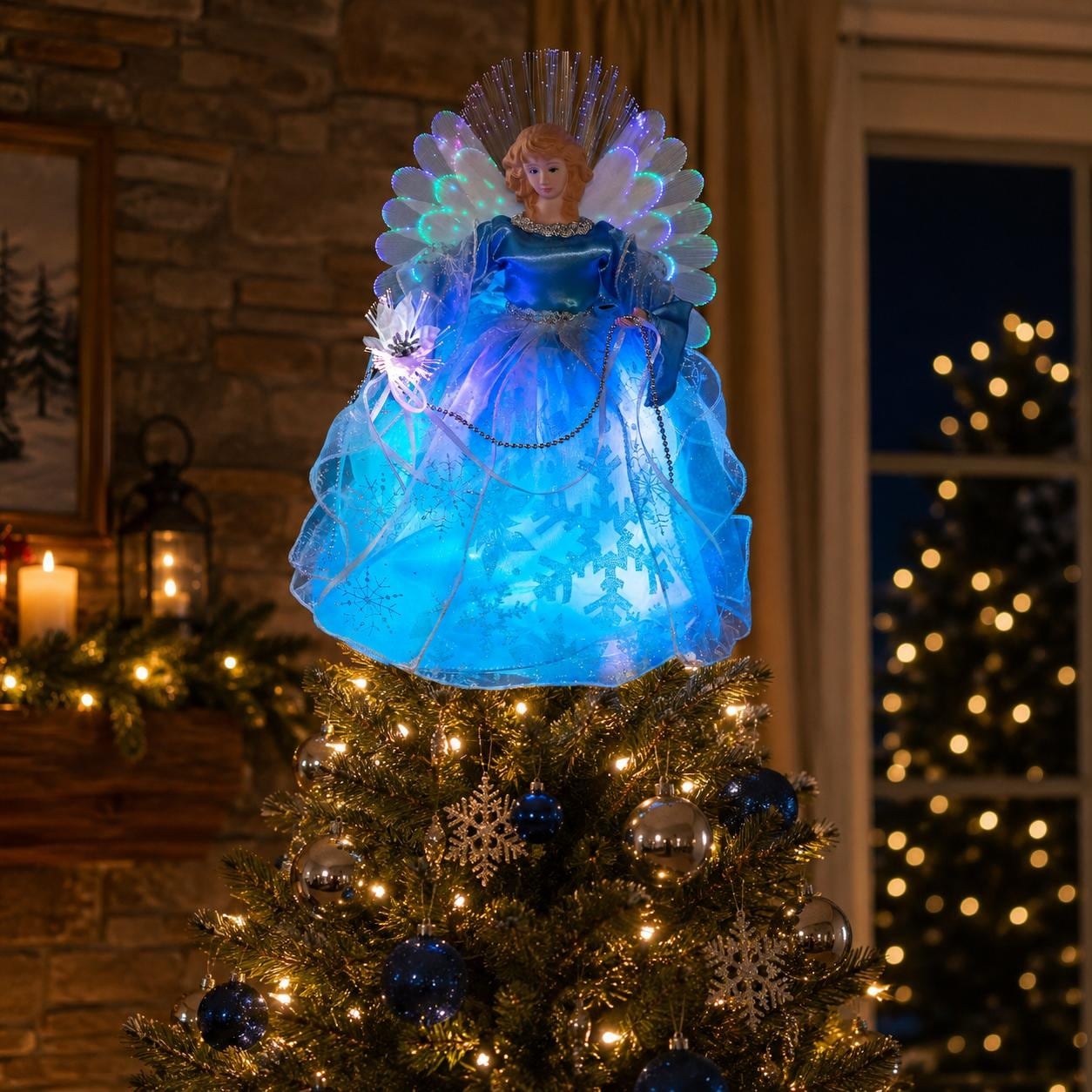 Lighted Color Change Fiber Optic Angel Christmas Tree Topper 13" Blue