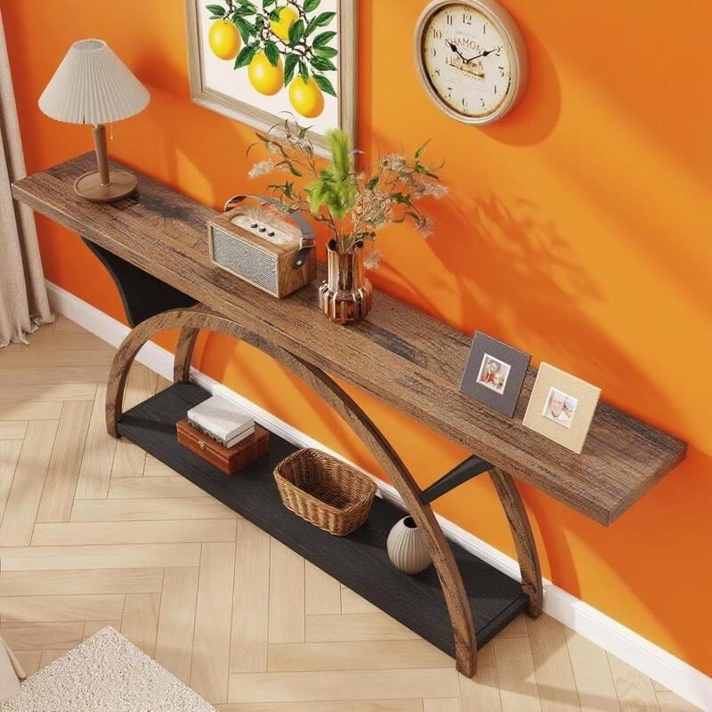 Farmhouse Industrial Console Table with Curved Base 2 Tier Wood Grain Top Metal Frame Entryway Hallway Sofa Table