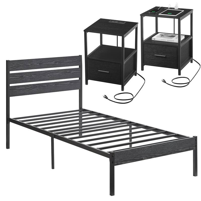 Javlergo 3-pieces Bedroom Set Queen Size Bed and 2 Nightstands with Charging Station USB Port