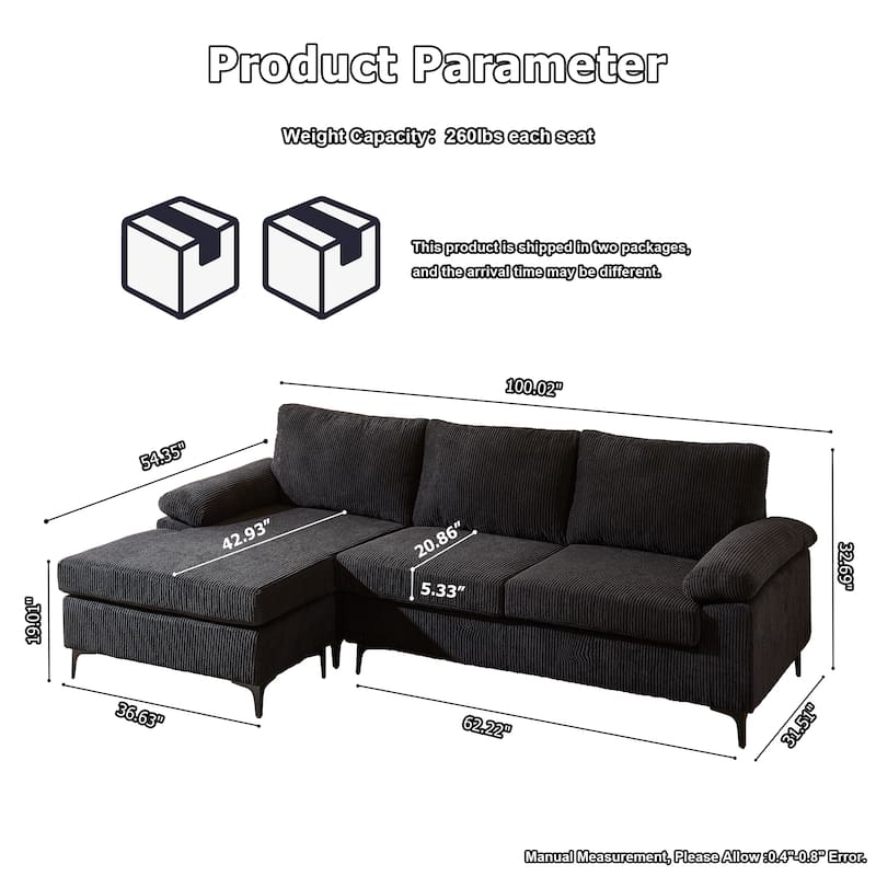 HOOOWOOO Living Room Wide Armrest Corduroy Fabric Chaise Reversible Sofa with Ottoman
